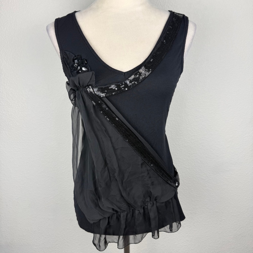 Y2K Caché Style Black Asymmetrical Sequin Gem Chiffon Layered Tank Top Size Sm
